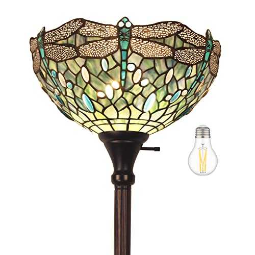 MOOVIEW Tiffany Floor Lamp Torchiere LED Uplight Stained Glass Dragonfly Retro Floor Lamps for Living Room Retro Corner Bright Torch Lamp Included 1PCS LED Bulb(2700K, E26), Sea Blue