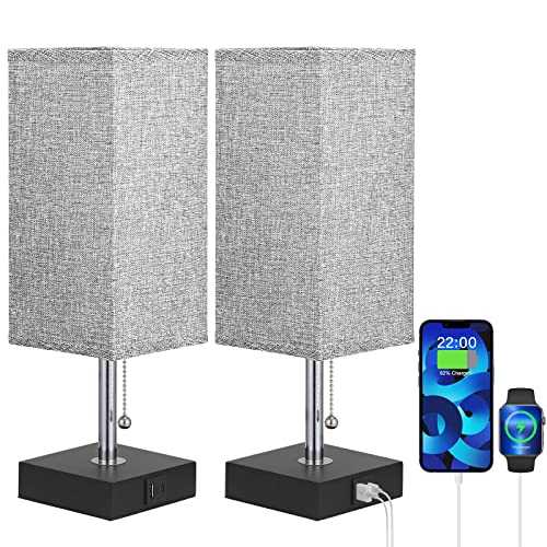 USB Bedside Table Lamp, Aooshine Bedside Lamps with 2 Useful USB Charging Ports, Solid Wood Nightstand Lamp with Grey Fabric Shade Perfect for Bedroom, Living Room, Study Room (Set of 2)