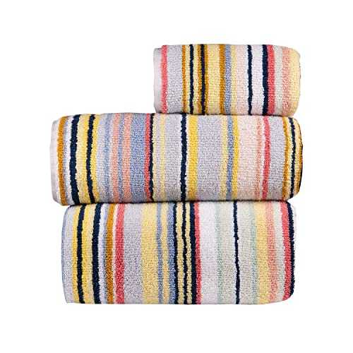 Bath Towel Set, 1 Bath Towel, 1 Hand Towel, and 1 Face Towel (Fingertip Towel), Coloured Stripe Design, 490 GSM Ring Spun Cotton, Highly Absorbent (3-Pieces)