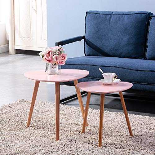 GOLDFAN Coffee Table Set of 2 Living Room Wooden Nesting Tables Easy Assembly Triangle Tea Table Bedside Table,Pink
