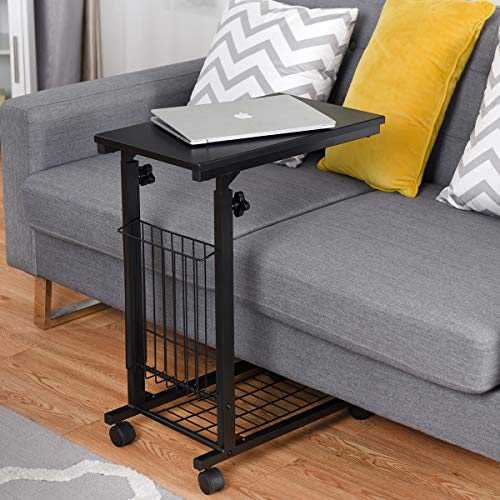 CASART C-Shaped Sofa Side Table, Height Adjustable Coffee Snack Table Laptop Stand with Wheels, Side Basket and Grid Shelf, Mobile Bed End Table for Living Room Bedroom Office