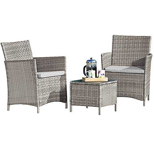 Thompson & Morgan Garden Bistro Set Rattan Furniture Outdoor Table & Chairs with Machine Washable Cushions (Snow Grey)