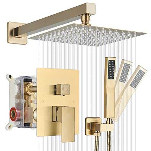 Votamuta Gold Finish Bathroom 10" Rainfall Shower Head Faucet Set Wall Mounted Single Handle Adjustable Height Shower Mixer Tap with Hand Sprayer