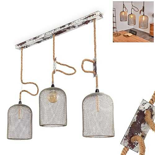 Pendant Light Zoeterhage in Rust Finish Metal and Ropes, Fitting in a Vintage Living Room, 3 Hanging Lamps in Retro-Industrial Style, max Height 153 cm, for 3 x E27 Bulbs max 60 Watt, LED Compatible