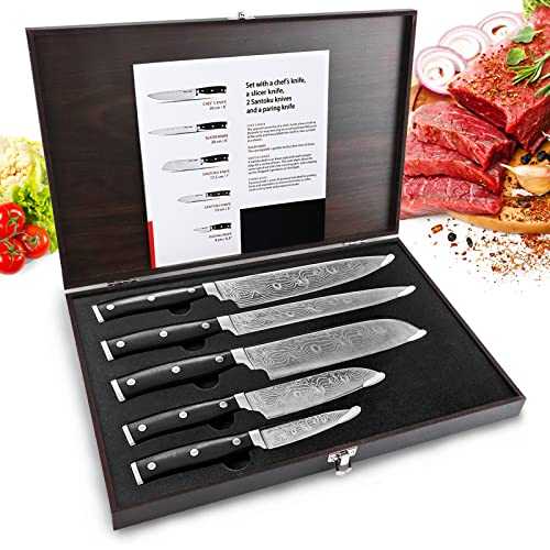 HUIKAILI-HOBO Knife Set, 5 Pieces Professional Kitchen Knife Set with Wooden Box, Stainless Steel Finish, Includes Chef Knife, Bread Knife, Carving Knife, Utility Knife and Paring Knife…