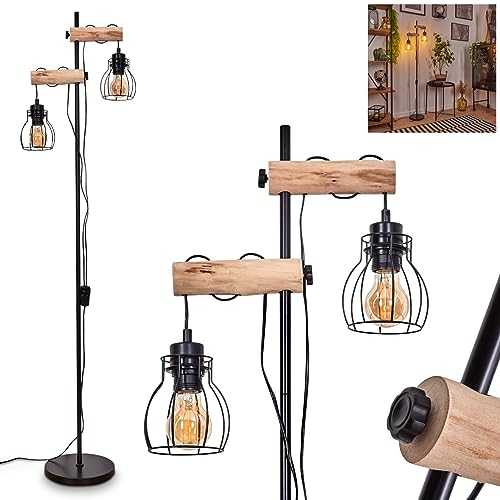 Floor Light Gondo in Black Metal with Natural Wood, Standing lamp Fitted with on/Off Switch, with Light Effect, for 2 x E27 max. 40 Watt