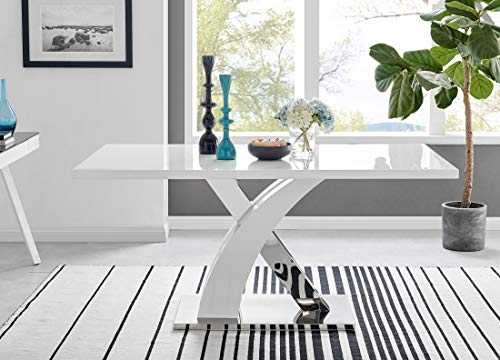 Atlanta Rectangle Chrome Metal Modern Stylish High Gloss White 6 Seater Dining Table