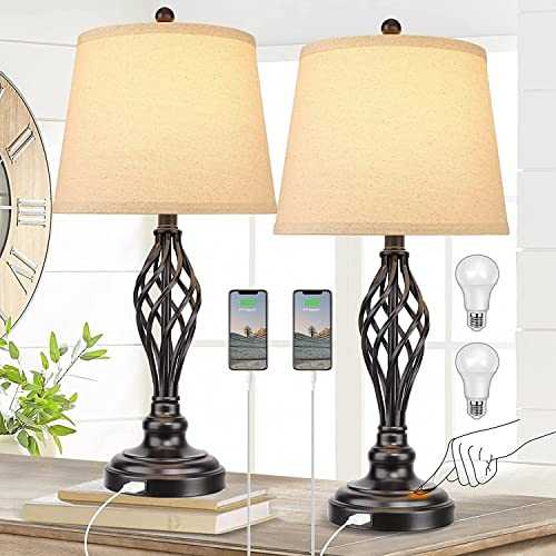 Old-Fashioned Bedside Lamp with USB Charging Port Touch Control Traditional Table Lamp 2-Piece Set, Suitable for Living Room and Bedroom