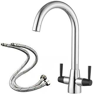 Heable Kitchen Mixer Tap Black Dual Lever Swivel Spout Chrome Sink Taps with UK Standard Fittings