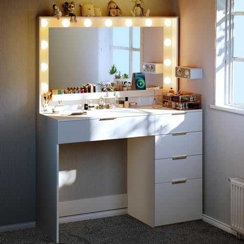 ALEXNUTRE Makeup Vanity Desk with Large Mirror and 13 LED Lights, Vanity Table with Power Outlet & 5 Drawers, 3 Lighting Color Adjustable, Vanity Desk for Bedroom and Dressing Room, White