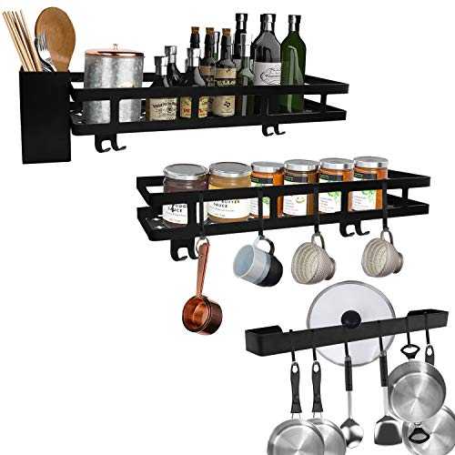 GUIFIER 3 Pcs Spice Rack-Pot Pan Rack-Wall Mounted Kitchen Hanging Rack-Storage Organizer Wall Shelf with Hooks Black