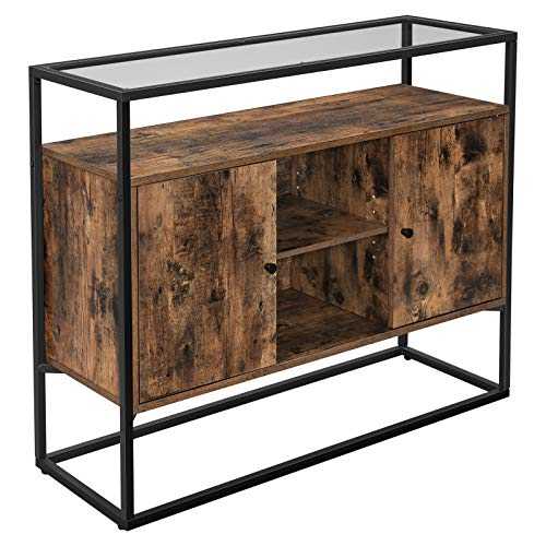 VASAGLE Sideboard, Side Cabinet, Storage Cabinet with Glass Surface and Open Compartments, Living Room, Hallway, Stable Steel Frame, Tempered Glass, Industrial, Rustic Brown and Black LSC014B01