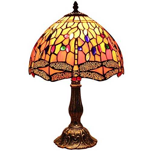 Bieye L30023 Dragonfly Tiffany Style Stained Glass Table Lamp with 12 inches Wide Handmade Lamp Shade Zinc Base for Bedside Bedroom Living Room Coffee Table, 18 inches Tall, Red Orange…