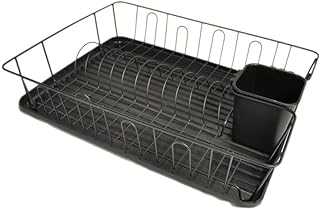 Calitek Dish Rack Drainer Kitchen Sink Countertop Dish Drying Draining Board with Removable Drip Tray and Utensil Holder Anti Rust Compact Design Black