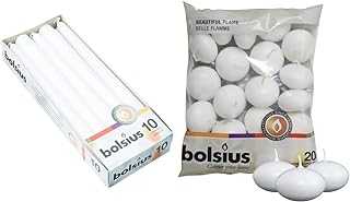 Bolsius Floating Candle-White, Wax, 4.5cm w X 3cm h & Tapered Dinner Candles, "White Box", Pack of 10