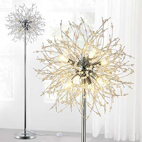 Rayofly Modern Crystal Fireworks Floor Lamps, Chrome Standing Lamp with Foot Switch, 8 Lights, 170cm, Glass Metal Tall Pole Tree Lighting for Living Room, Bedroom, Corner, Sofa, G9