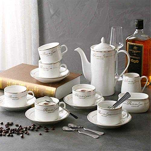 Tea Set 15 Pieces Gold Trim Glazed Porcelain Coffee and Tea Service Set with 6 Piece Cups and Teapot Tray Afternoon Tea Drinkware Coffee Set Cup &Amp; Saucer Sets,Size:Set of 15,Colour:Silver, lsxys