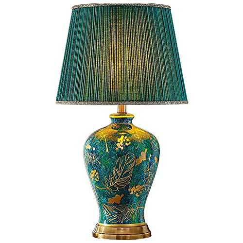 JLKDF Table Lamp Ceramics Painted Lamps American Luxurious Bedside Lamp Fabric Lampshade E27 Lighting Oriental Culture Porcelain Art Deco Club Hotel Lamps, Green,Dimmer Switch