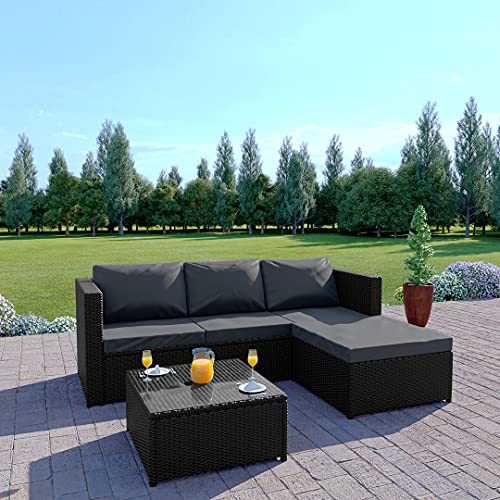 Abreo Rattan Garden Corner Sofa And Table Patio Furniture Set (Black + Dark Cushions)