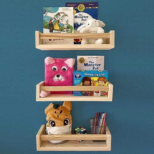 Maff Line 3 Pack Nursery Book Shelves, Pine Wooden Nursey Floating Shelves for Wall Decor, Kids Bedroom Kitchen Bathroom Storage Organiser Shelves Wall Mounted Shelf Decor, Spice Rack Shelf (3)