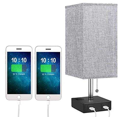 USB Bedside Table Lamps, Modern Table & Desk Lamp with 2 Useful USB Quick Charging Port, Nightstand Lamp with Grey Fabric Shade Perfect for Bedroom, Living Room, Study Room (1 Pack)