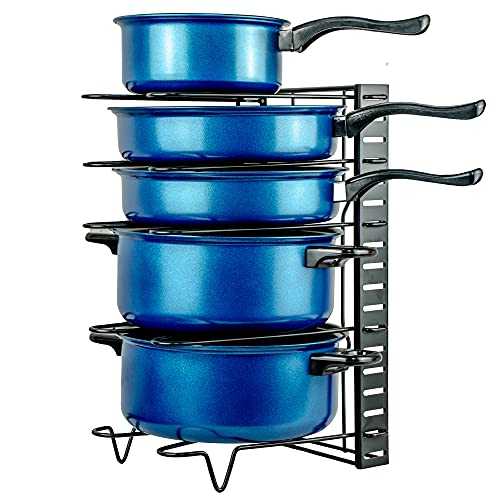 KLEVERISE 5 Tiers Pot Pan Storage Rack Organizers – Heavy Duty Iron Adjustable DIY Pot Pan Rack - Pot Pan Lid Holders - Space Saving Rack in Kitchen Counter and Cabinet