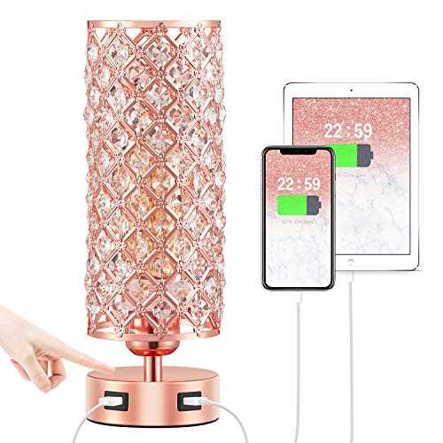 Touch Control USB Crystal Table Lamp, Aooshine Dimmable Gold Bedside Lamp with Dual USB Charging Ports, 3 Way Dimmable Touch Lamp with Gold Crystal Shade, Crystal USB Lamp for Bedrooms (Bulb Included)