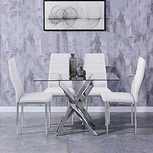 GOLDFAN Glass Dining Table and Chairs Set of 4 Modern Rectangle Dining Kitchen Table and White Faux PU Leather Chairs for Dining Room Office Lounge