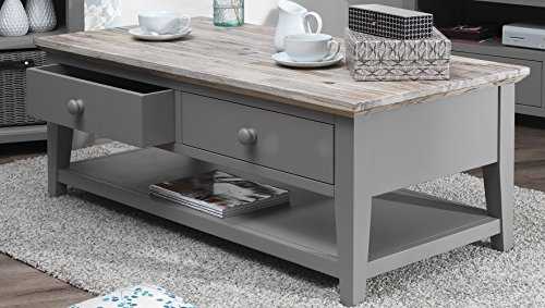 Florence Coffee table with 2 drawers and shelf in DOVE GREY. Grey coffee table with brushed accacia top and double sided drawers. FULLY ASSEMBLED