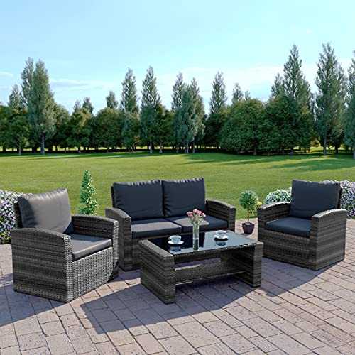 Abreo Grey 4 Seater Garden Rattan Furniture Sofa Armchair Set with Coffee Table Wicker Weave Conservatory (Mixed Grey with Dark Cushions) INCLUDES OUTDOOR WATERPROOF COVER