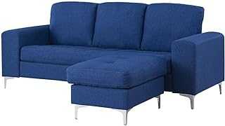 YRRA 2 Seater Sofa / 3 Seater Sofa L Shaped Sofa with Footstool Linen Fabric Corner Sofa Couch Lounge Sofa Chaise Settee (Blue 2 Seater with Footstool)-Blue_3 Seater with Footstool