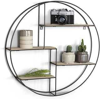 LIFA LIVING Round Wall Shelf 4 Tier, Floating Shelf in MDF Wood and Black Metal, Decorative Hanging Shelf for Kitchen, Bedroom, Living Room, 55 x 11 x 55 cm