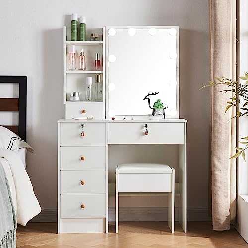 Makeup Vanity Dressing Table with Lights and Mirror, Makeup Desk with 10 LED Bulbs, Vanity Table with 5 Drawers and Cushioned Stool, Vanity Set with 3 Lighting Modes, White