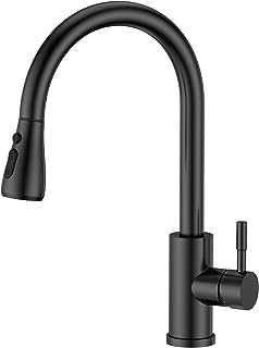 FORIOUS Kitchen Sink Taps Mixer with Pull Out Spray, Swivel Single Handle High Arc Pull Down Stainless Steel Kitchen Faucet for UK Standard Fittings, Matte Black