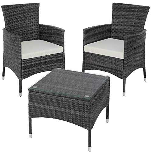 TecTake Poly Rattan Garden Set | 2 Chairs and Small Table with Glass top | Robust Steel Frame (Grey | No. 402864)