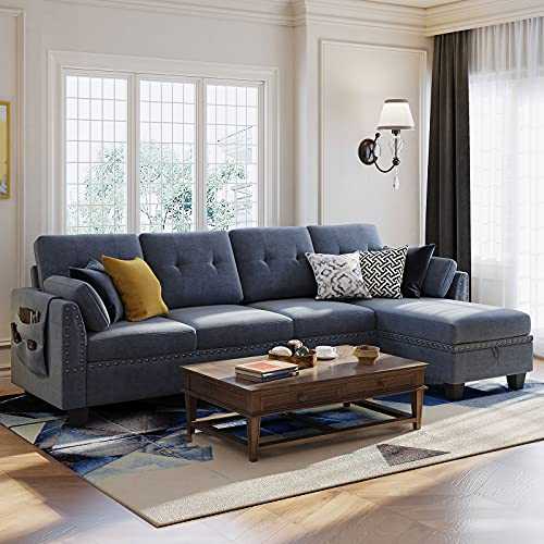 Nolany Corner Sofa 4 Seater Couch with Storage Ottoman Chaise Sectional L-Shaped Sofa for Living Room（Bluish Grey）
