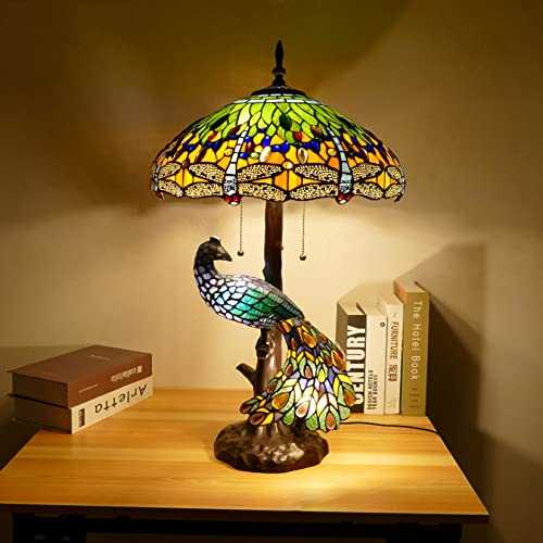 Tiffany Style 5-Lights Dragonfly Table Lamp Vintage Handmade Stained Glass Desk Lamp with Peacock Base for Living Room Bedroom Cafe Bar,Green