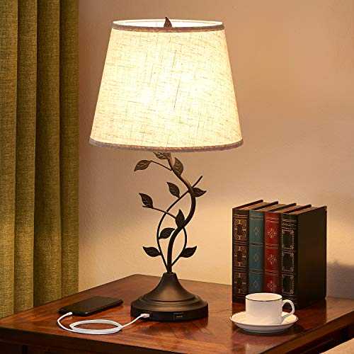 Seealle Table Lamps for Lounge,Vintage Bedside Lamp with with Dual USB Quick Charging Port,Traditional Table Lamps for Bedrooms,Large Tree Table Lamp with Matching Shade for Living Room