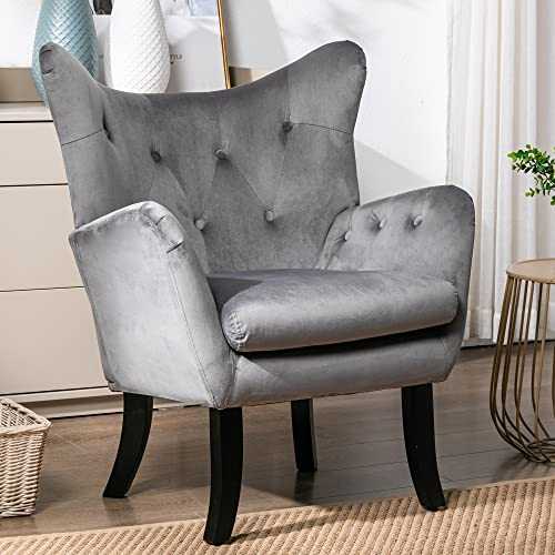 HOOSENG Velvet Armchair, Mid-Century Accent Chair with Wood Legs and High Back, Comfy Upholstered Lounge Chair Armchair for Living Room Bedroom Home Office (Grey)