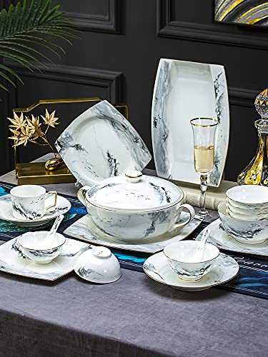 ASYCAN Luxury Dinner Set Service for 6-10, Ceramic Marble Effect bone china tableware with Plate Bowl Salad Dessert Plates (Size : 38piece)