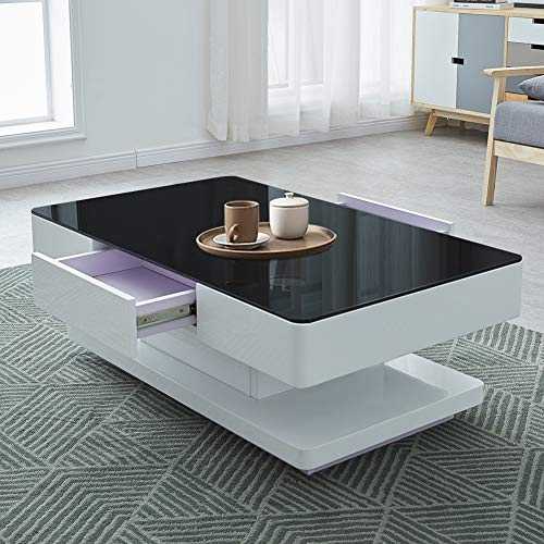 OFCASA Coffee Table with 2 Drawers White High Gloss Coffee Table with Black Glass Top Wood Storage Cabinet for Living Room Home Office 100 x 60 x 35cm
