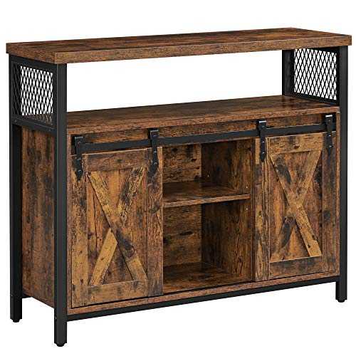 VASAGLE Dining Sideboard, Kitchen Cupboard, Storage Cabinet, Buffet Table with Sliding Barn Doors, Adjustable Shelf, Industrial, for Living Room, Rustic Brown and Black LSC092B01
