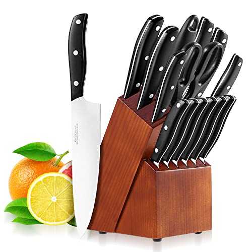 Vistreck Knife Set, 15 Pieces Kitchen Knife Set with Block Wooden, Germany High Carbon Stainless Steel Professional Chef Knife Block Set, Ultra Sharp, Forged, Full-Tang Design