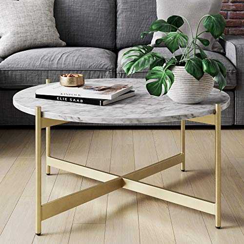 Nathan James Faux White Marble Round Modern Living Accent Side or Coffee, Sofa Center Table for Dining Room/Tea with Metal Frame, Gold Brass