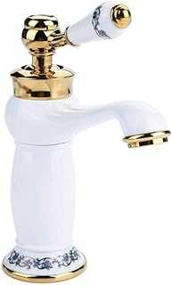 Vintage Floral Ceramic Single Handle Mixer Tap Cold Hot Water Bronze Faucet for Bathroom Basin Sink Home Decoration(White)