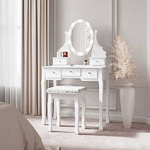 CARME Ruby Rozanna - White Dressing Table with Hollywood Mirror LED Lights 10 Bulbs 5 Drawers Stool Set