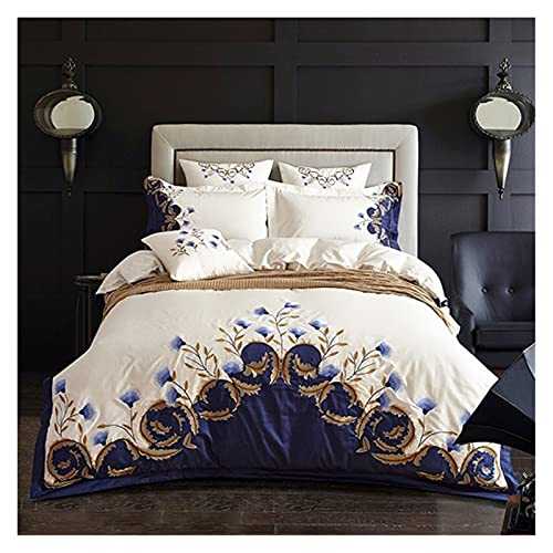 QINGGANGLING999 Throw Bedding Set Luxury Chic Blue Embroidered Bedding set Egyptian Cotton Soft Bed set Duvet Cover Bed Sheet King Queen size Bedding Linen Set (Size : Queen 4Pcs)