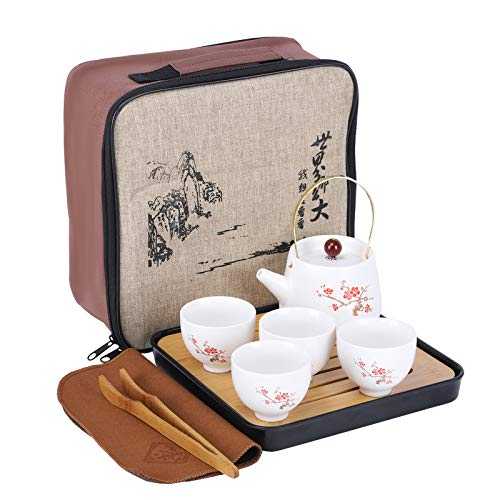 fanquare Japanese Portable Travel Tea Set with Travel Bag, Cherry blossom Kung Fu Tea Service for Adults, 1 Teapot and 4 Tea Cups