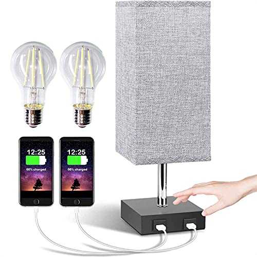 Touch Lamp Bedside with Bulb Dimmable, Grey Table Lamp with USB Charging Port for Bedroom Nightstand Living Room Gift