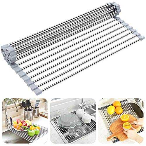 Dish Drying Rack Roll Up Sink Drying Rack, Searik Over The Sink Dish Rack Multi-Use Stainless Steel Dish Drainers Heat Resistant Mat for Drying Draining Trivet (17.7"x13.8")